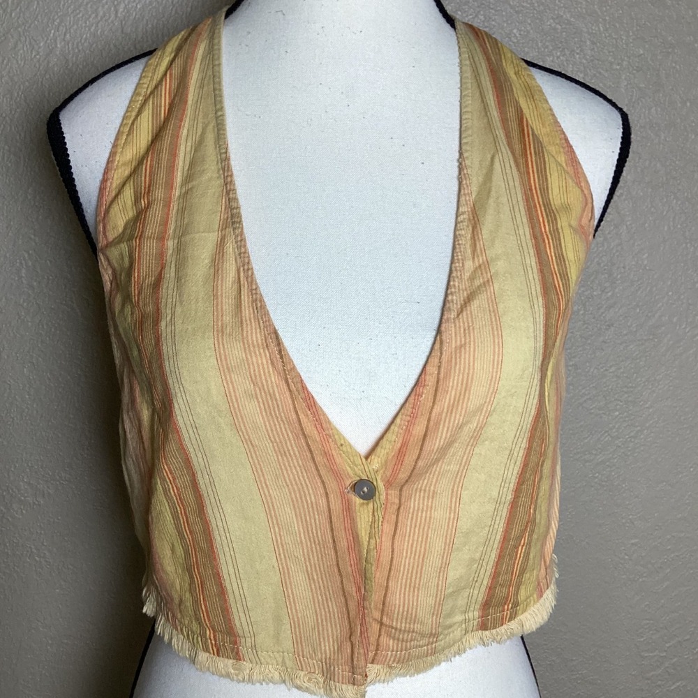 Zara Women's Striped Halter Vest Top Yellow Orange Boho Frayed Hem Medium NEW